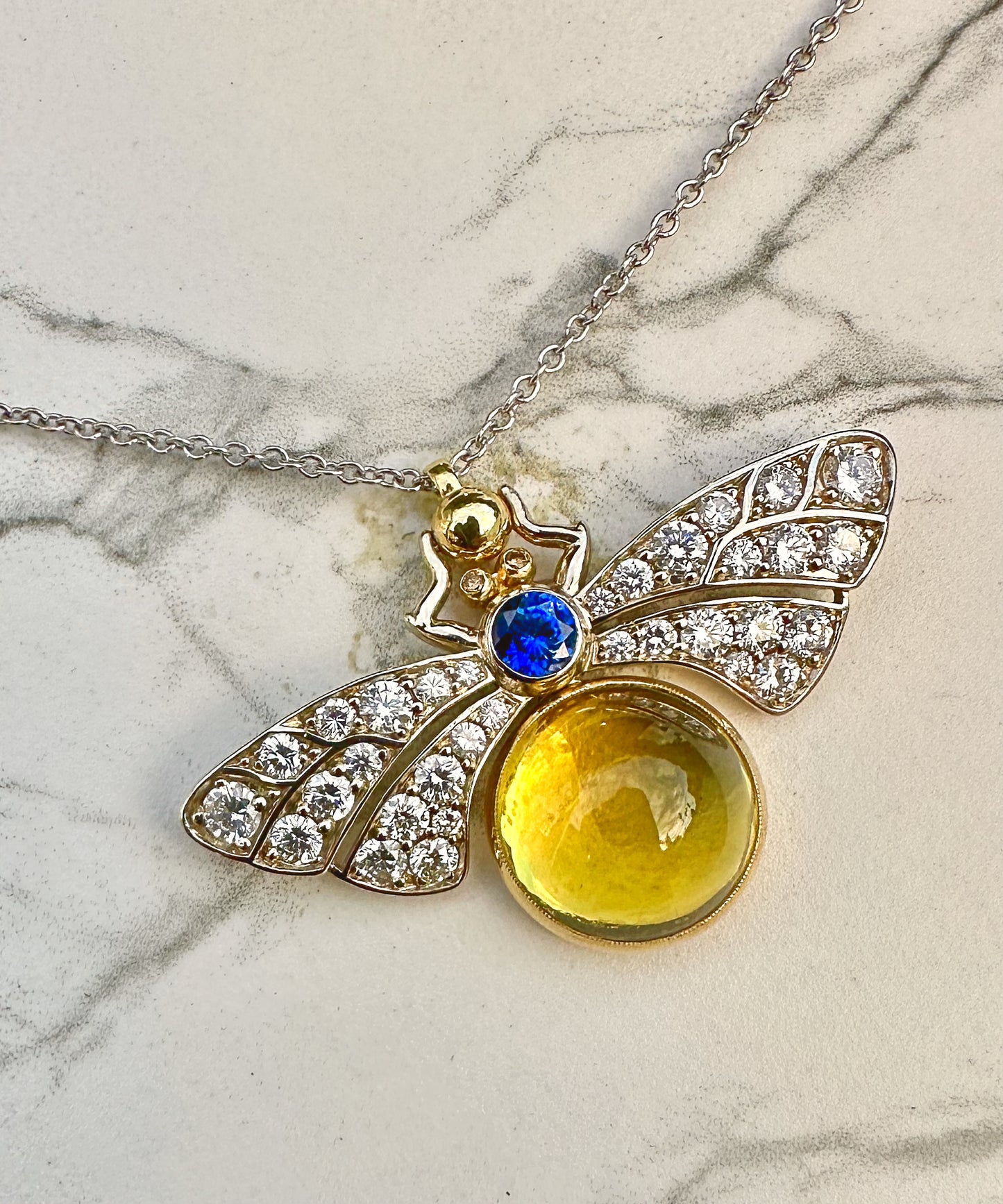 Bespoke Butterflies Yellow Barrel and Blue Sapphire Beatle Pendant Necklace